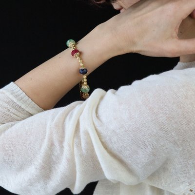 Yellow Gold Bracelet With Ruby, Sapphire, And Emerald Beads