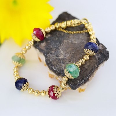 Yellow Gold Bracelet With Ruby, Sapphire, And Emerald Beads