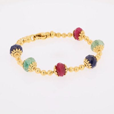 Yellow Gold Bracelet With Ruby, Sapphire, And Emerald Beads