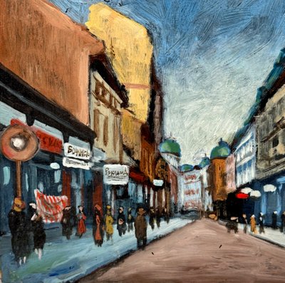 Strada trafficata , olio su tavola 1900 circa