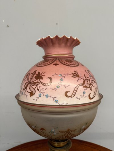 Antique bronze and painted glass oil lamp, Victorian 19th century, 62x30cm.
