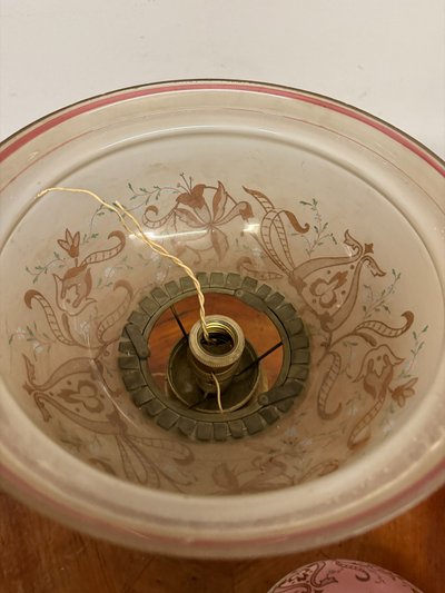 Antique bronze and painted glass oil lamp, Victorian 19th century, 62x30cm.