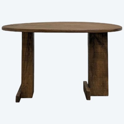 Oval table with T-shaped legs, solid oak, student cabinetmaking, France, 1990s