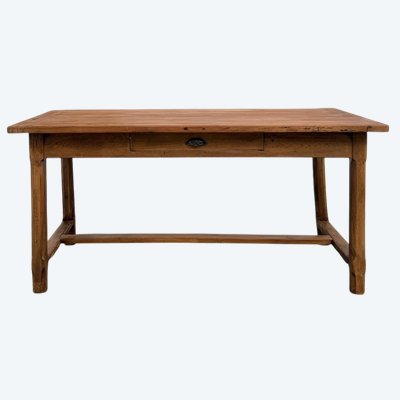 Table de ferme en merisier massif, un tiroir, entretoise basse, France, années 1950