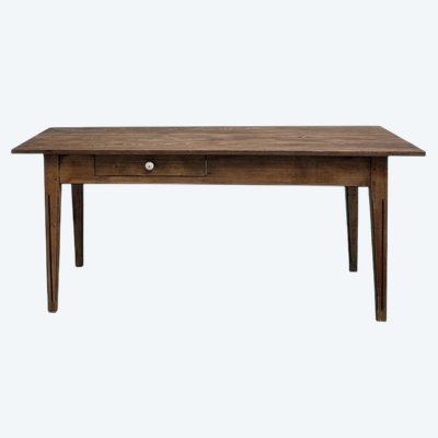 Table de ferme en pin massif, deux tiroirs, pieds cannelés, France, années 1950