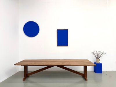 Large refectory table in solid pine and beech, X-shaped base, France, 1970s