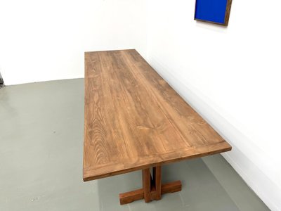 Large refectory table in solid pine and beech, X-shaped base, France, 1970s