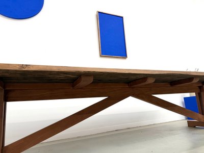 Large refectory table in solid pine and beech, X-shaped base, France, 1970s
