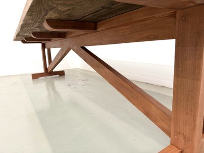 Large refectory table in solid pine and beech, X-shaped base, France, 1970s