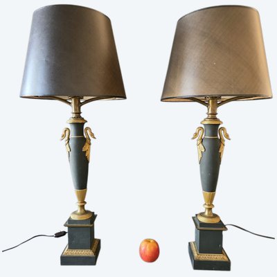 Paire de lampes astrales d’époque Empire en bronze doré et patiné. 