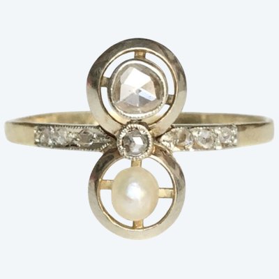 Bague Art-Déco toi et moi en or jaune 18K et platine diamants