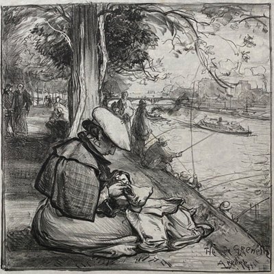 Lithograph countersigned by Auguste Lepère, woman at work, early 20th century