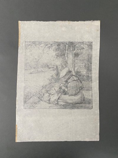 Lithograph countersigned by Auguste Lepère, woman at work, early 20th century