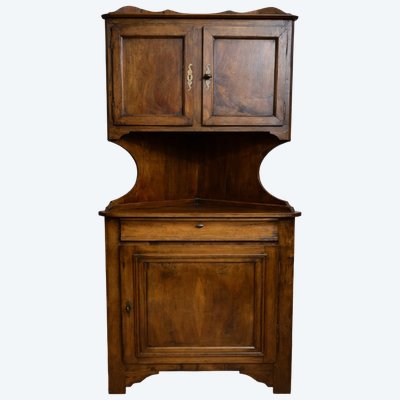 Buffet d’angle Louis Philippe en Noyer massif avec partie haute – meuble rustique - XIXeme