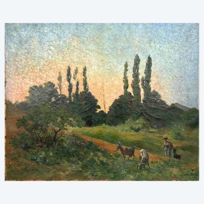 Huile sur toile "Scène pastorale" de L. Jouenne