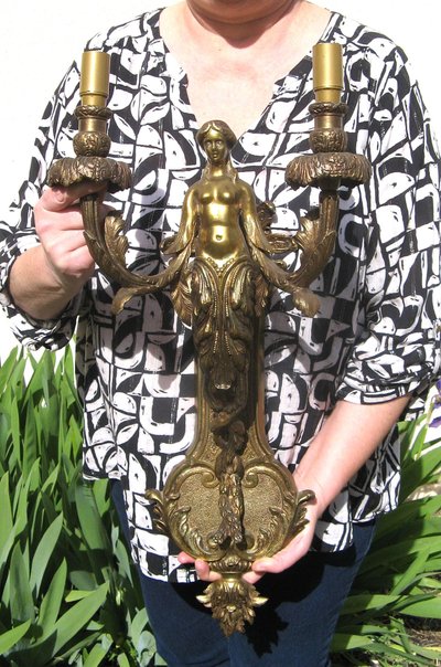 Large Pair of Gilt Bronze Caryatid Wall Sconces.
