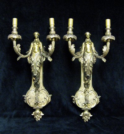 Large Pair of Gilt Bronze Caryatid Wall Sconces.