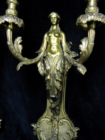 Large Pair of Gilt Bronze Caryatid Wall Sconces.