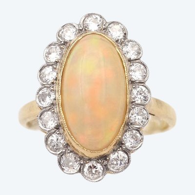 Bague marguerite opale diamants en or 18k et platine, opale Ethiopienne