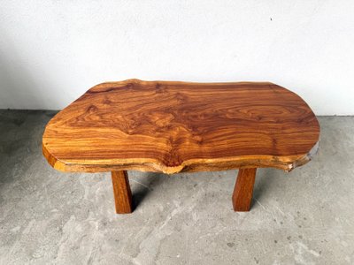 Brutalist coffee table in solid walnut, slab live edge top, France, 1970s