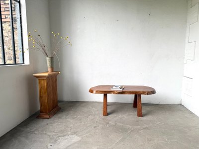 Brutalist coffee table in solid walnut, slab live edge top, France, 1970s