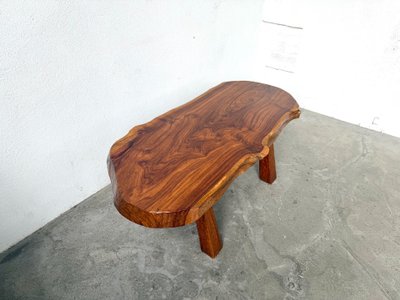 Brutalist coffee table in solid walnut, slab live edge top, France, 1970s