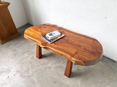 Brutalist coffee table in solid walnut, slab live edge top, France, 1970s