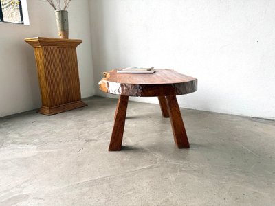 Brutalist coffee table in solid walnut, slab live edge top, France, 1970s