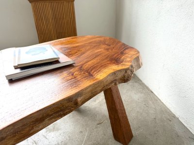 Brutalist coffee table in solid walnut, slab live edge top, France, 1970s
