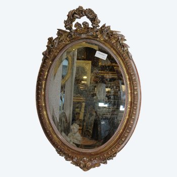 Miroir Ovale Napoléon III à Godrons, Or Et Patine 68 X 99 Cm