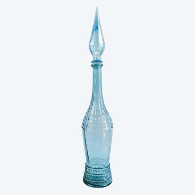 Grande bouteille carafe en verre Empoli bleu modèle harlequin milieu XXe