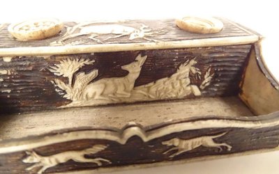 Small miniature inkwell carved bone doe deer dog fox Brussels 19th century