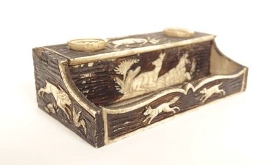 Small miniature inkwell carved bone doe deer dog fox Brussels 19th century