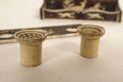 Small miniature inkwell carved bone doe deer dog fox Brussels 19th century