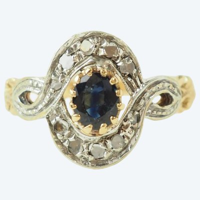 Bague Art Nouveau saphir et diamants taille rose en or jaune et argent