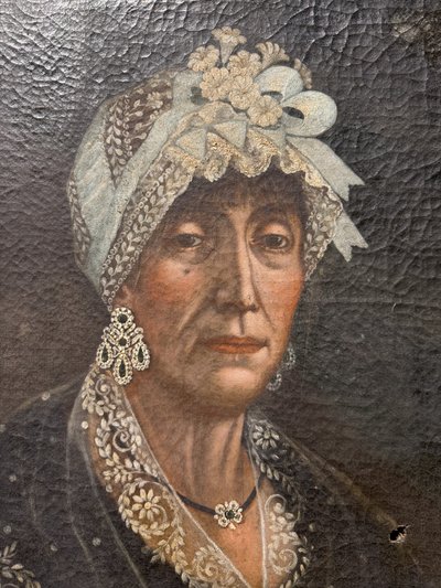 Antico dipinto olio su tela Dama XVIII sec, in costume dell'epoca, 71x53cm. 
