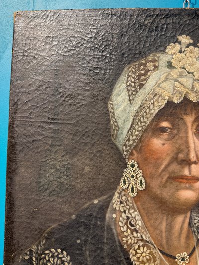 Antico dipinto olio su tela Dama XVIII sec, in costume dell'epoca, 71x53cm. 