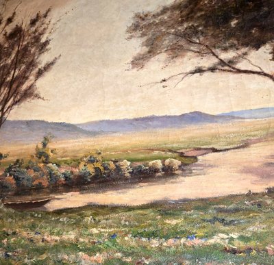 Immense huile sur toile ancienne représentant un paysage champêtre animé avec rivière