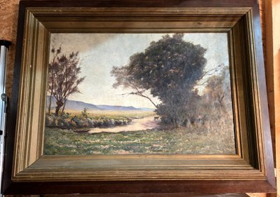 Immense huile sur toile ancienne représentant un paysage champêtre animé avec rivière