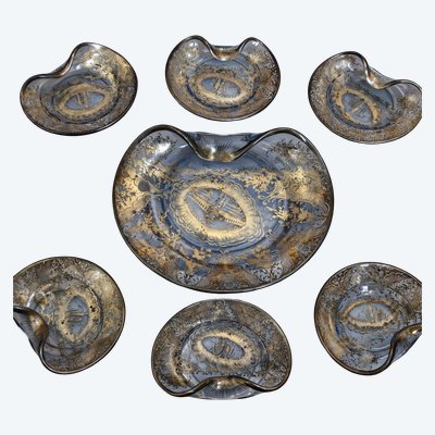 Service ancien en verre argenté – 7 pièces – Venise – décor gravé et argenté –