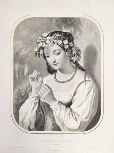 Lithografie „Die Gänseblümchen oder der Aberglaube“ nach Romain Cazes, 19. Jahrhundert