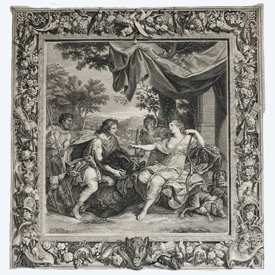 Gravure  mythologique Méléagre et Atalante d'après Charles Le Brun 18ème