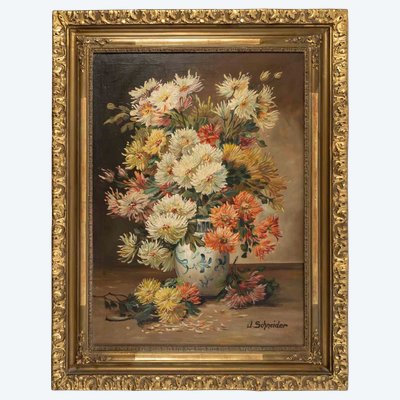 Huile sur toile  des chrysanthèmes, J Schneider