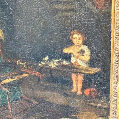 Tableau ancien représentant une scène d'intérieur, XVIIIe siècle, « FEMME AU ROUE-FILE », huile flamande sur toile, encadrée