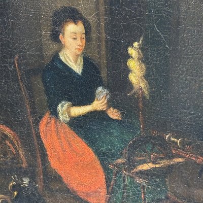 Tableau ancien représentant une scène d'intérieur, XVIIIe siècle, « FEMME AU ROUE-FILE », huile flamande sur toile, encadrée