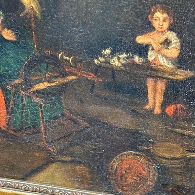 Tableau ancien représentant une scène d'intérieur, XVIIIe siècle, « FEMME AU ROUE-FILE », huile flamande sur toile, encadrée