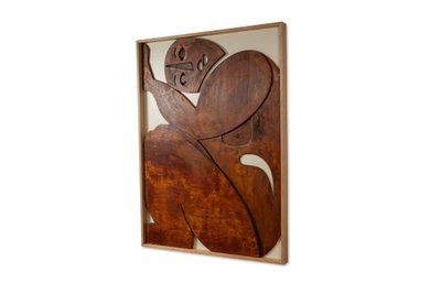 Flachrelief-Schild „Denk mal anders!“ aus patiniertem Holz. Zeitgenössisch LS67783015