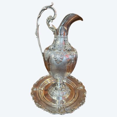 AIGUIERE ET SON PLATEAU EN ARGENT MASSIF