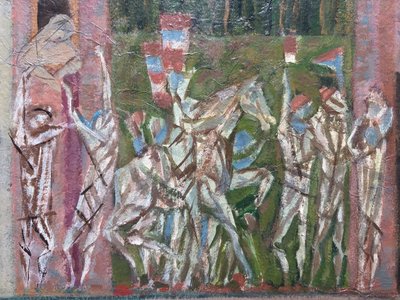 Bertholle, Figure e cavalieri, 1987, Olio su tavola