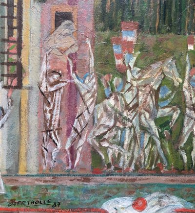 Bertholle, Figure e cavalieri, 1987, Olio su tavola